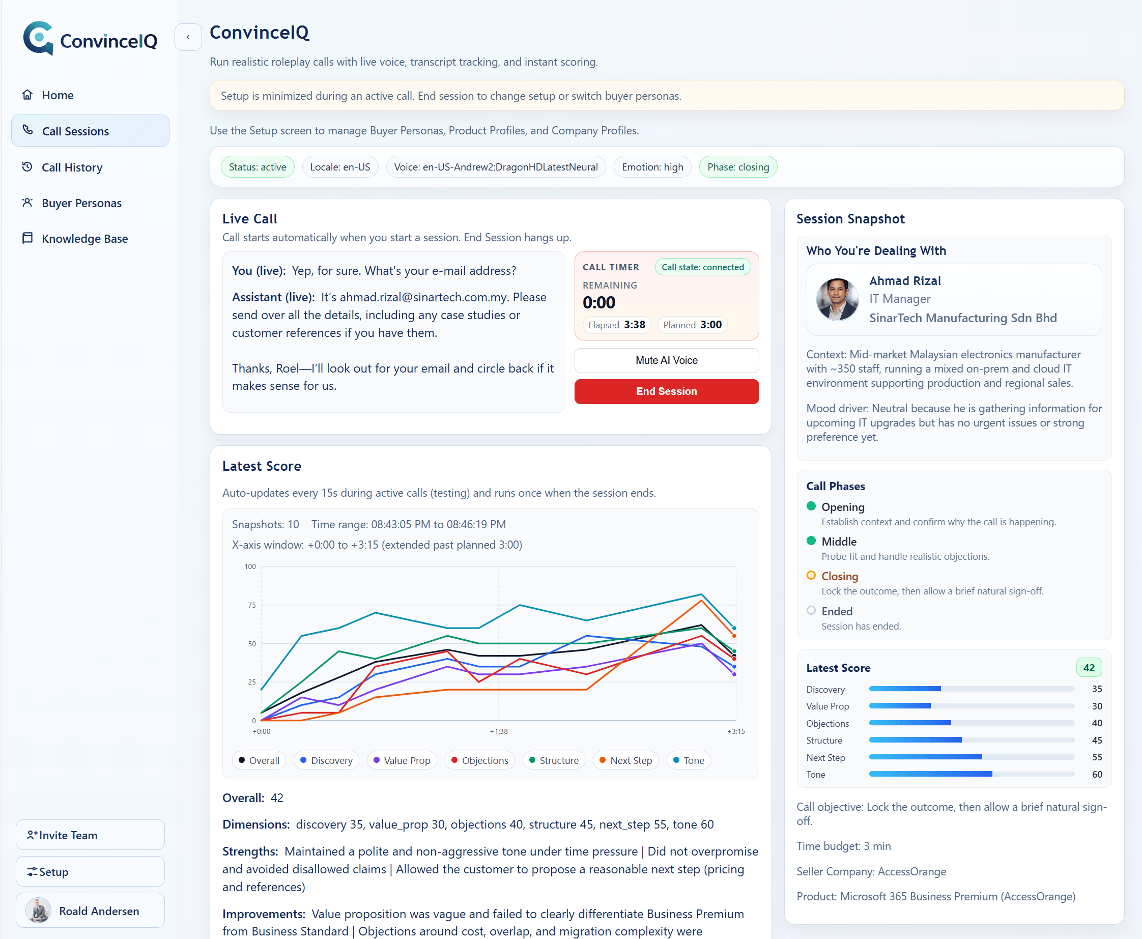 ConvinceIQ live practice cockpit showing the active call workspace, score trend, and buyer context.